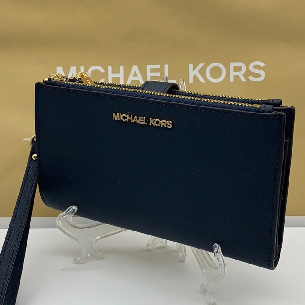 MICHAEL KORS LG DOUBLE ZIP WRISTLET PHONE CASE - wallet Navy NWT - Picture 1 of 16